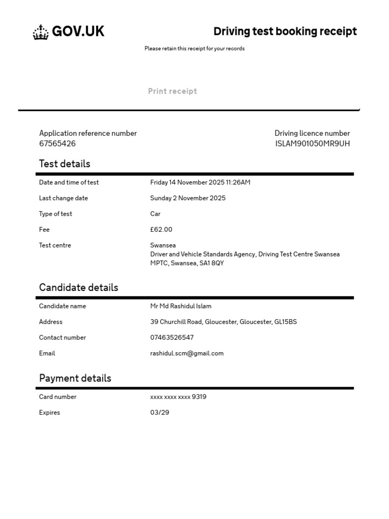 How to read a road test receipt