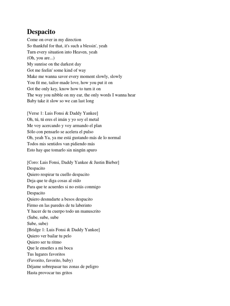 Lyrics of despacito in english and spanish