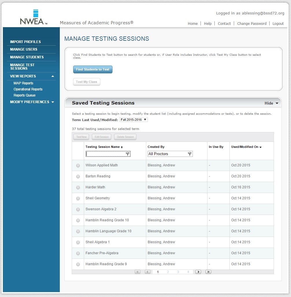 Nwea -manage testing sessions